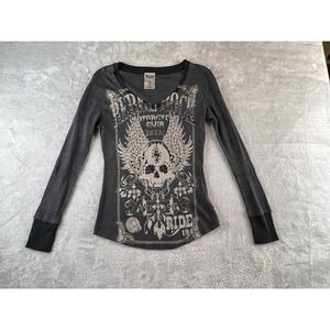 Vocal Rebel Rock Skull Shirt Womens Small Gray Black LS Bling Biker Babe Y2K